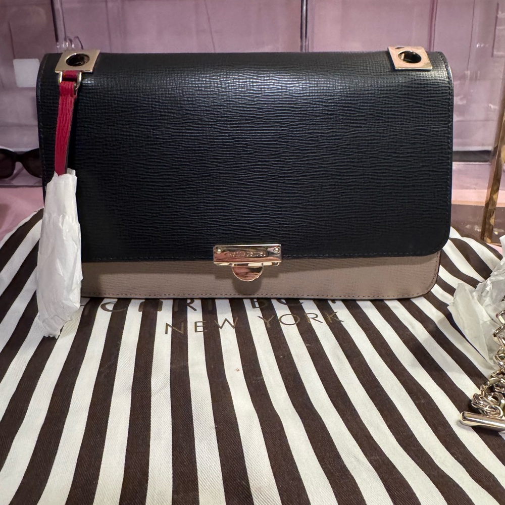 (Rare Find) Henri Bendel Black & Tan and Red, pebbled leather crossbody